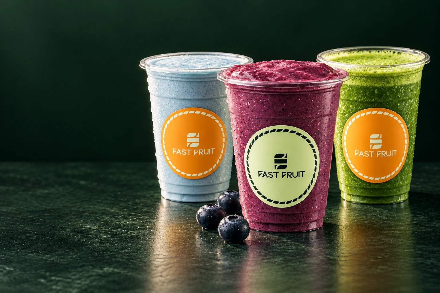 FAST FRUIT Сина банана, бобинесто смути и зелен сок во брендирани чаши
